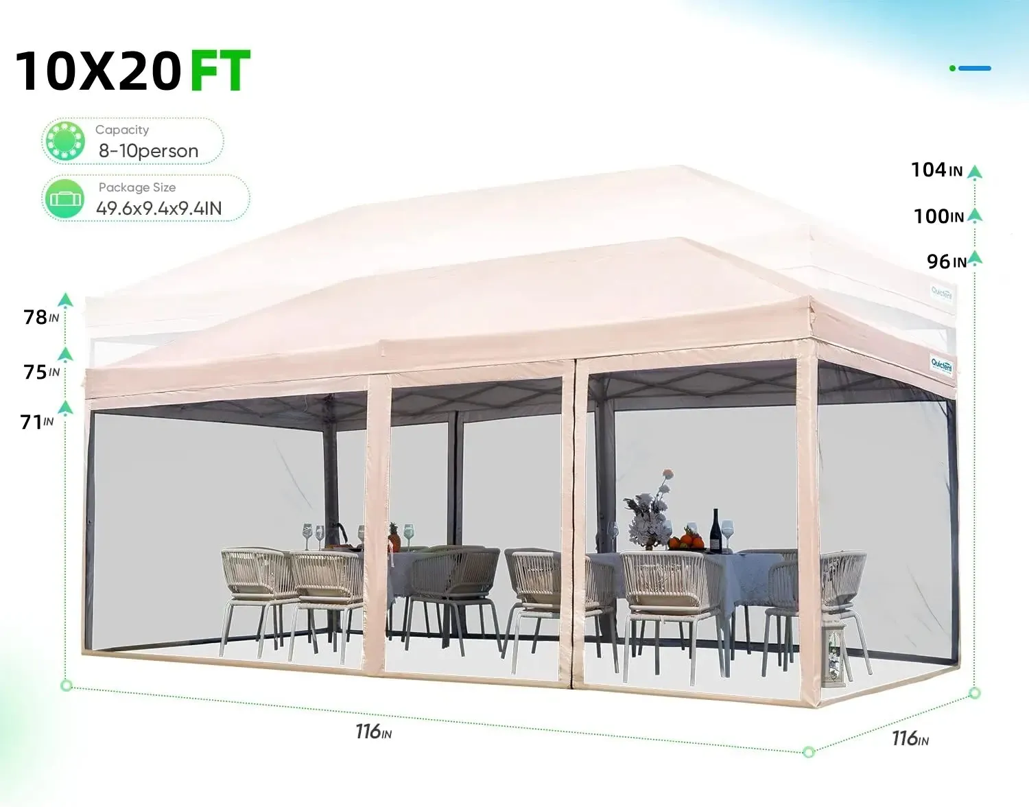 10' x 20' Pop Up Canopy with Screen-Tan