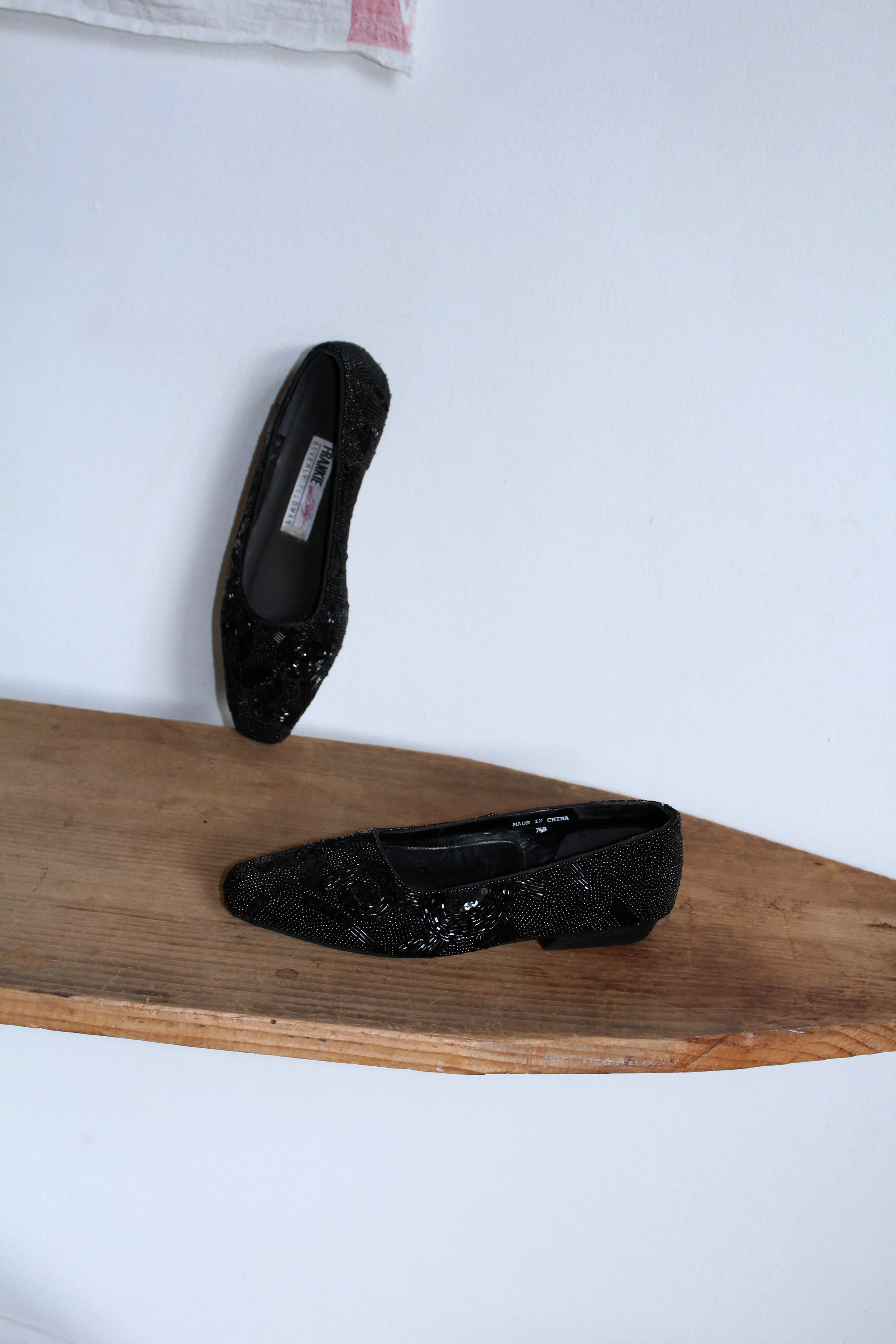 1980s FRANKIE and Baby Beverly Feldman Black Beaded Slip On Loafers -Size 7.5