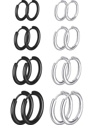8 Pairs Cartilage Hoop Earrings Stainless Steel Small Hoop Earrings Nose Lip Rings for Women 8 mm, 10 mm, 12 mm, 14 mm Steel Color, Black