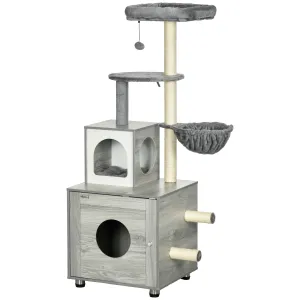 Enclosed Cat Litter Box with Cat House, Cat Bed, Scratching Posts, Platforms for Indoor Cats Use, Grey