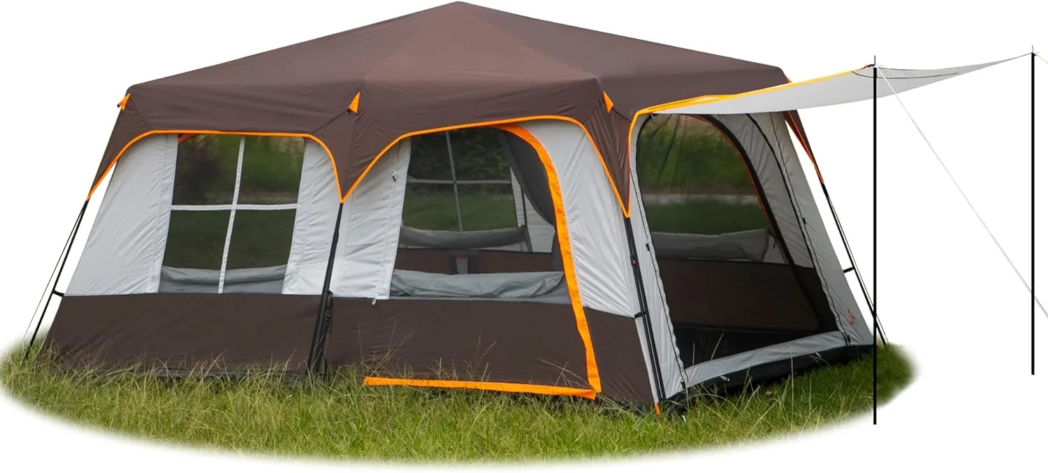 Extra Large Tent 10-12 Person Family Cabin Tents, 2 Rooms, Straight Wall, 3 Doors and 3 Windows with Mesh, Waterproof, Double Layer, Big Tent for Outdoors