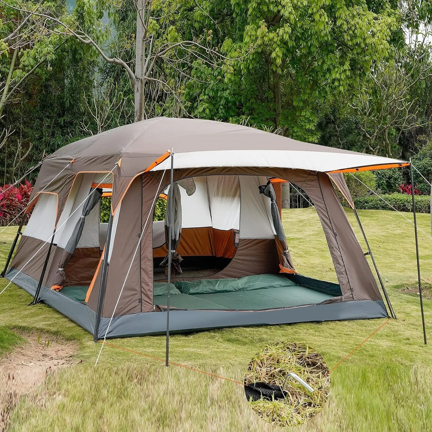 Extra Large Tent 10-12 Person Family Cabin Tents, 2 Rooms, Straight Wall, 3 Doors and 3 Windows with Mesh, Waterproof, Double Layer, Big Tent for Outdoors