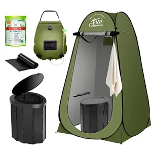 FUN ESSENTIALS Portable Toilet Kit With Solar Shower Bag, 5 Pcs, XL Pop up Privacy Tent, XL Folding Toilet, 5 Gallon Shower Bag, 10 Pack Liquid Waste Gel, 12 Toilet Bags, Outdoor, Camping, Easy Set Up