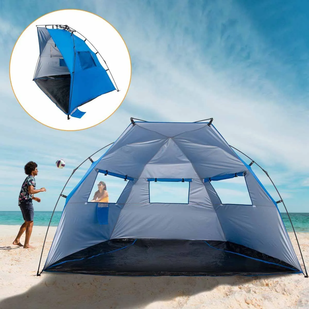 Large Easy Up Beach Tent for 4 Person Sun Shade Shelter UPF 50 