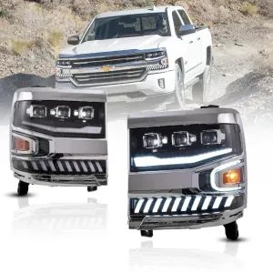 LED Headlight Assembly Dual Beam Projector Black For 2016-2018 Chevrolet Silverado 1500 4th Gen Facelift