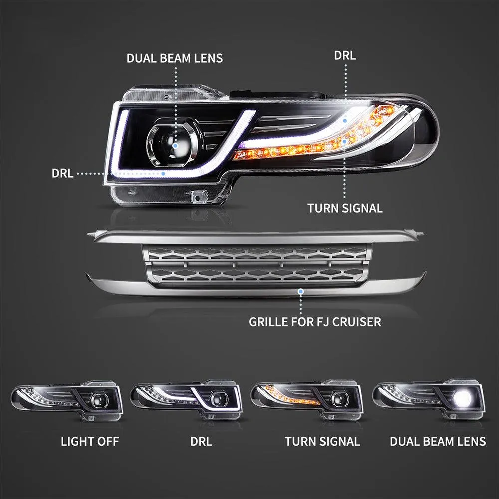 LED Headlight Assembly Dual Beam Projector with Grille For 2007-2015 Toyota FJ Cruiser XJ10