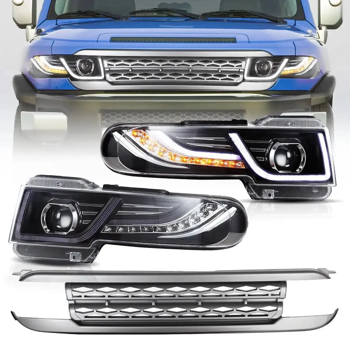 LED Headlight Assembly Dual Beam Projector with Grille For 2007-2015 Toyota FJ Cruiser XJ10