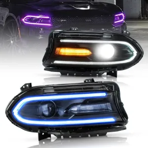 LED Headlight Assembly RGB Style Dual Beam Projector Black For 2015-2023 Dodge Charger 7th Gen(LD)