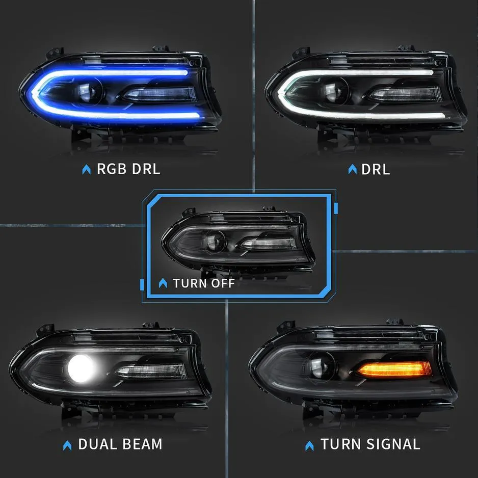 LED Headlight Assembly RGB Style Dual Beam Projector Black For 2015-2023 Dodge Charger 7th Gen(LD)