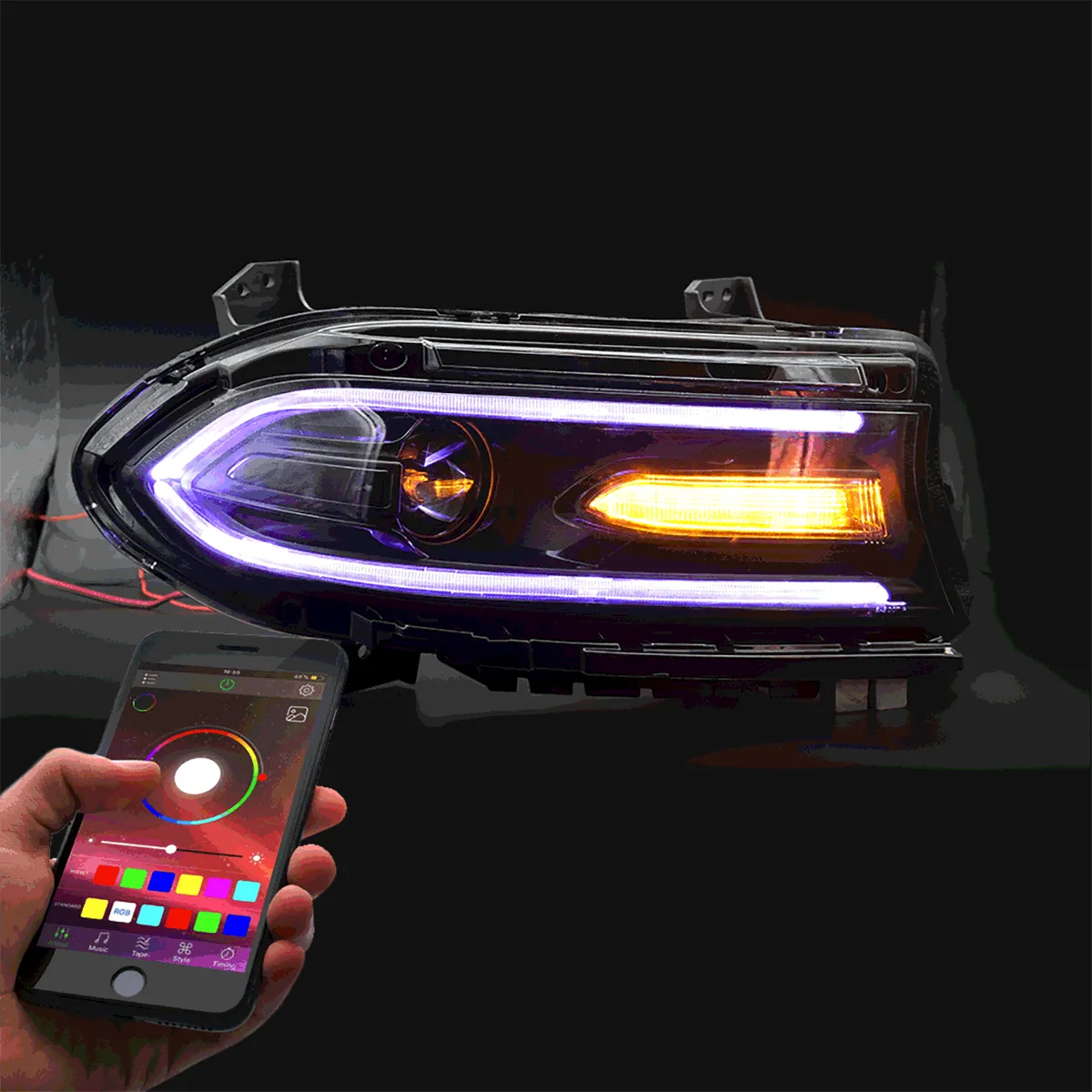 LED Headlight Assembly RGB Style Dual Beam Projector Black For 2015-2023 Dodge Charger 7th Gen(LD)