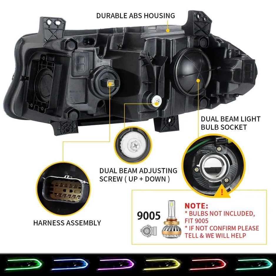 LED Headlight Assembly RGB Style Dual Beam Projector Black For 2015-2023 Dodge Charger 7th Gen(LD)