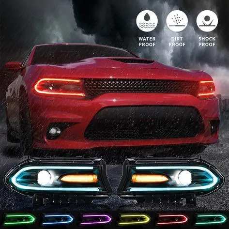 LED Headlight Assembly RGB Style Dual Beam Projector Black For 2015-2023 Dodge Charger 7th Gen(LD)