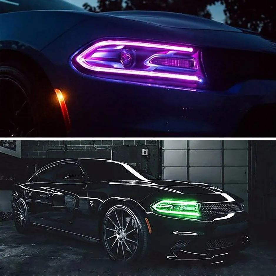 LED Headlight Assembly RGB Style Dual Beam Projector Black For 2015-2023 Dodge Charger 7th Gen(LD)