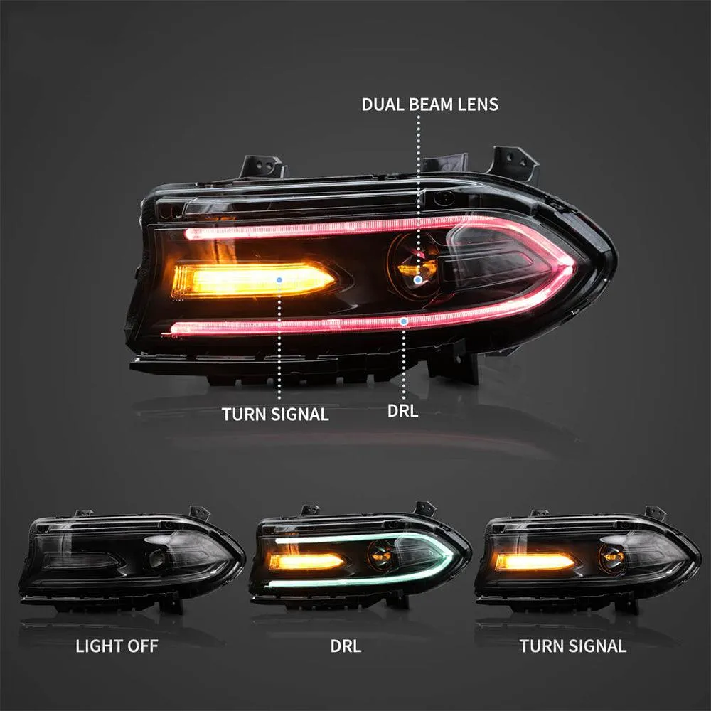 LED Headlight Assembly RGB Style Dual Beam Projector Black For 2015-2023 Dodge Charger 7th Gen(LD)