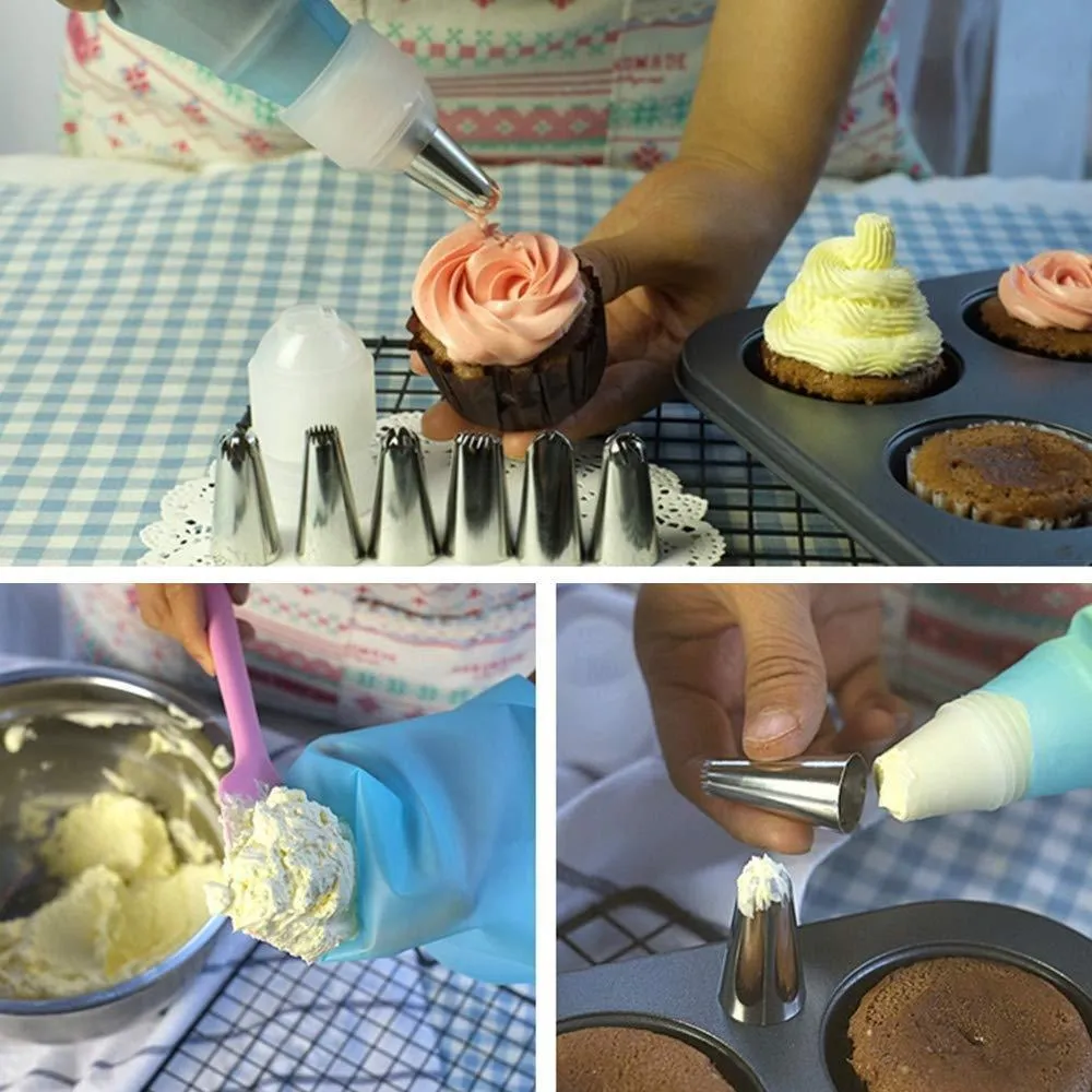 Piping Bags, Kasmoire 24pcs Pastry Bags Sets with 6pcs 3 Sizes (12” 14” 16”) Reusable Silicone Icing Pastry Bags