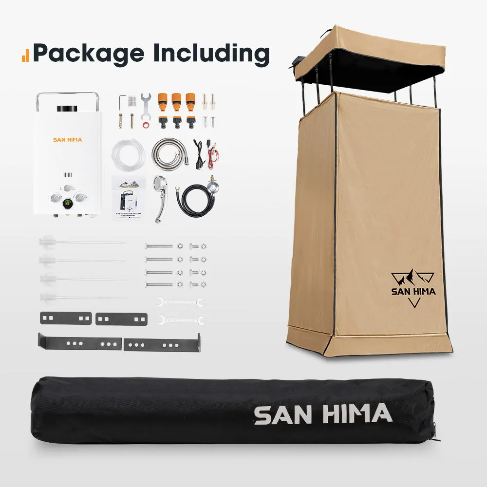 San Hima Camping Shower Tent Awning Fold-Out Instant Ensuite   8L Gas Hot Water Heater