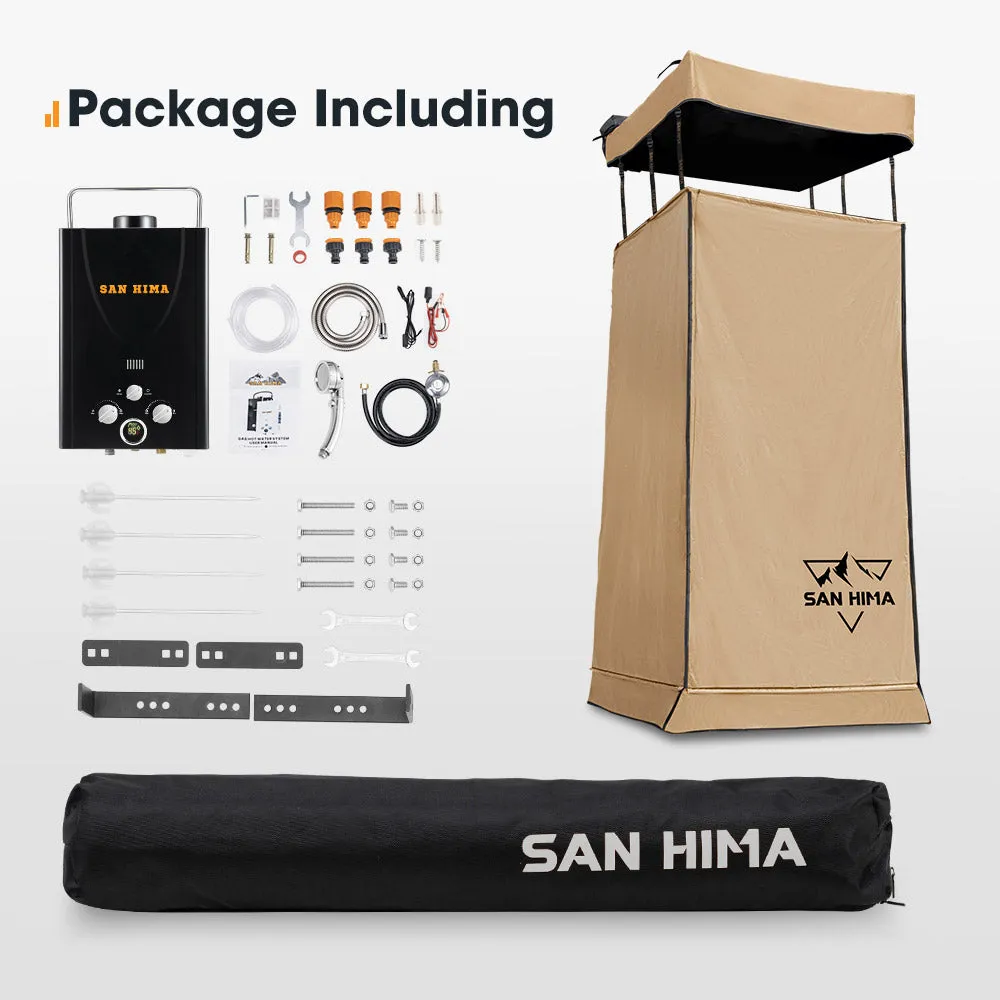 San Hima Camping Shower Tent Awning Fold-Out Instant With 8L Gas Hot Water Heater