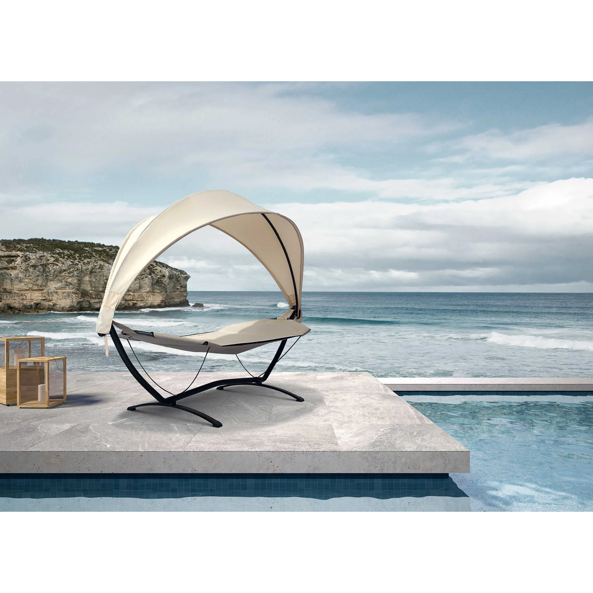 Sea Breeze Luxury Steel Frame Lounger With Canopy - Champagne