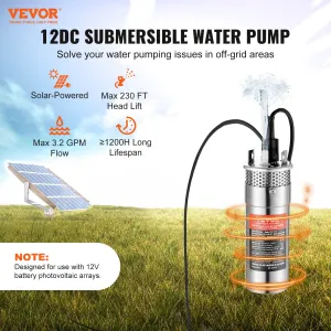 VEVOR Solar Water Pump, 12V DC 120W Submersible Deep Well Pump, Max Flow 3.2 GPM, Max Head 230 ft, Max Submersion 98.4 ft, Solar Powered Water Pump for Well, Farm Ranch Irrigation, Livestock Drinking