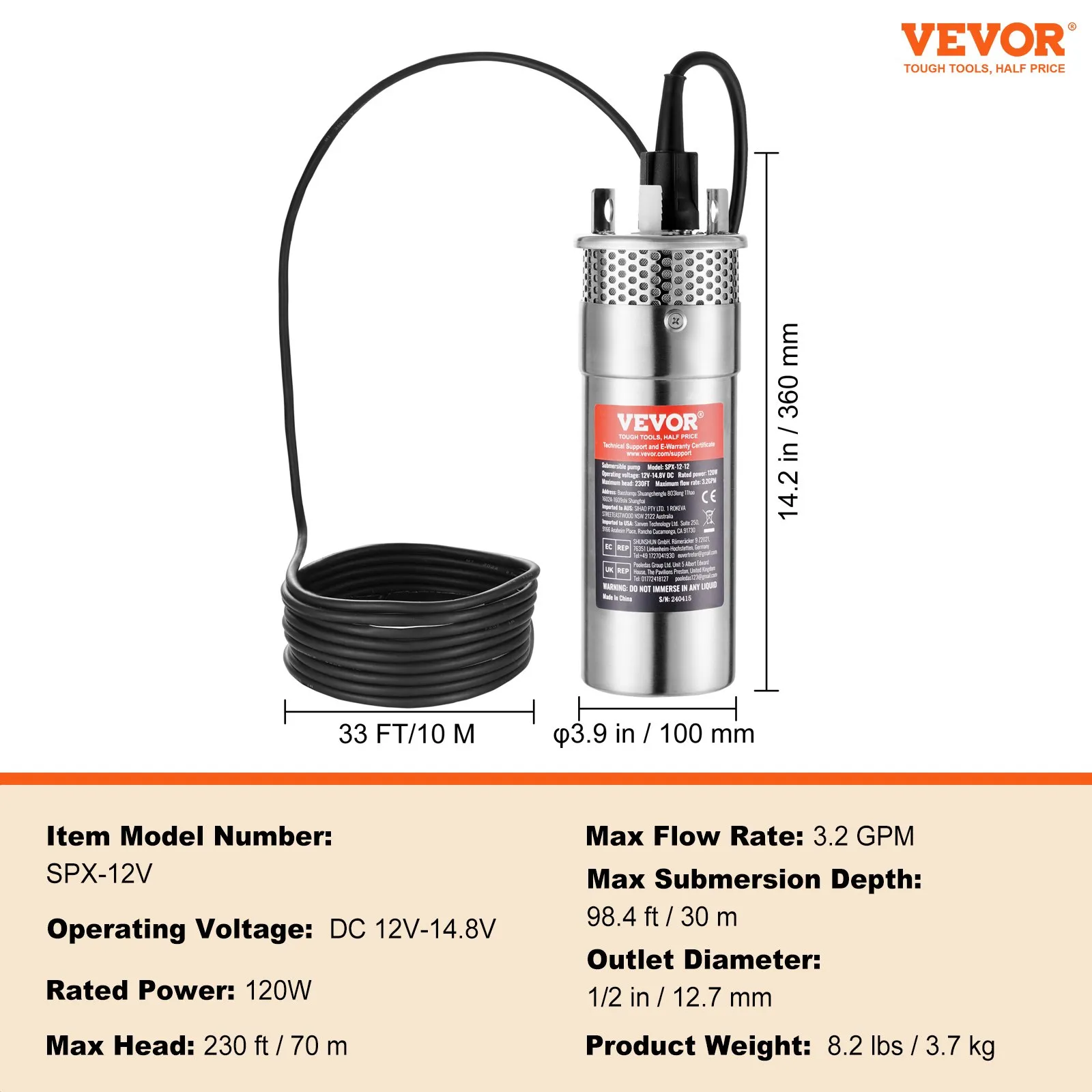 VEVOR Solar Water Pump, 12V DC 120W Submersible Deep Well Pump, Max Flow 3.2 GPM, Max Head 230 ft, Max Submersion 98.4 ft, Solar Powered Water Pump for Well, Farm Ranch Irrigation, Livestock Drinking