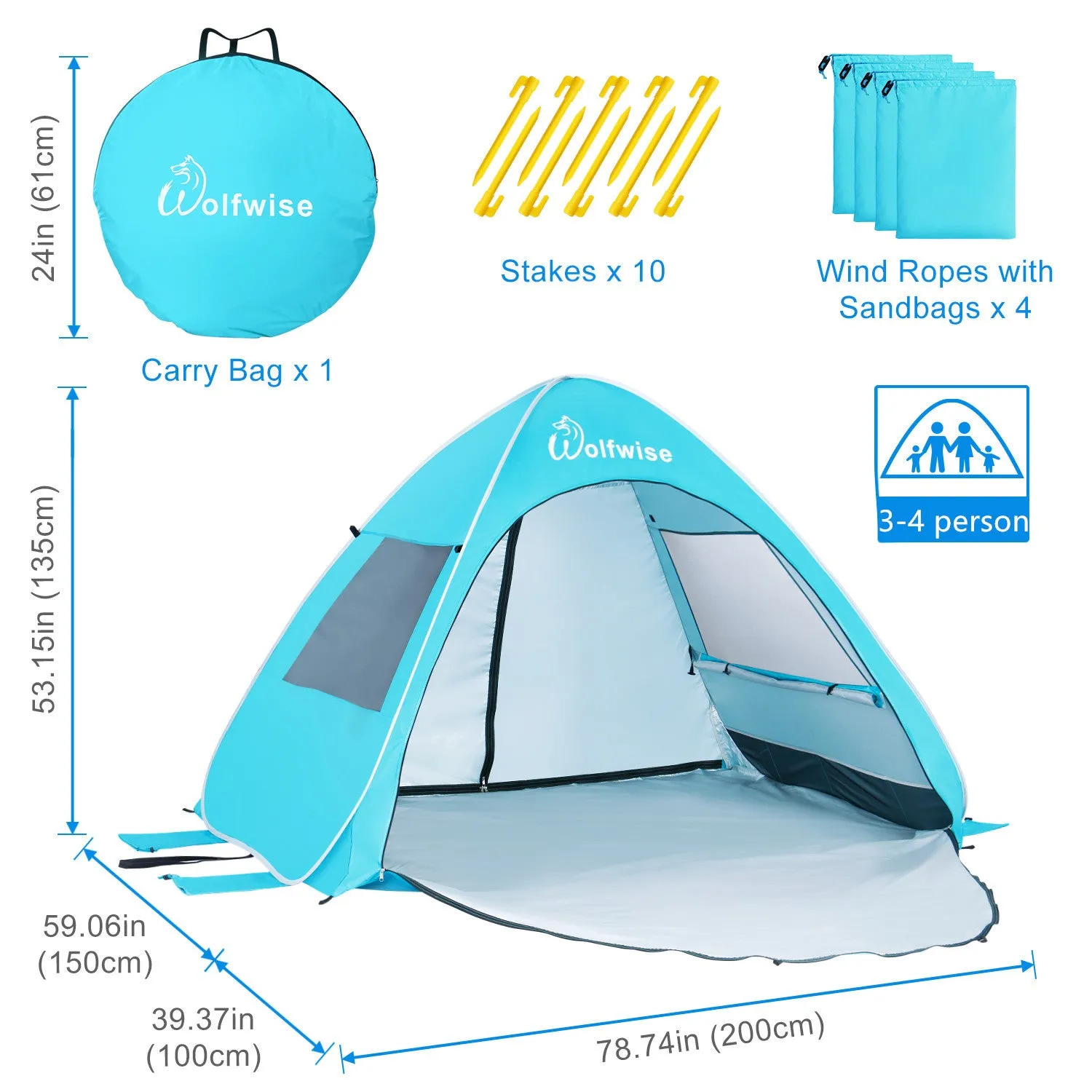 WolfWise AquaBreeze A20 Instant Pop up Beach Tent Blue Large